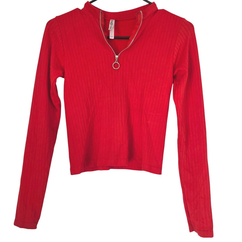 Love Charm Red Ribbed Mock Neck Ring Zipper Long Sleeve Crop‎ Top OS
